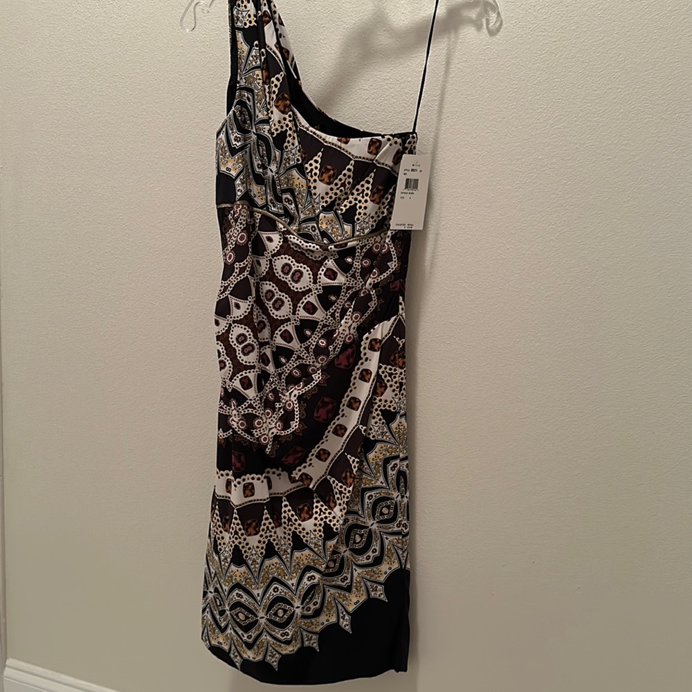 Nicole Miller 6 NWT one shoulder brown printed cocktail dress